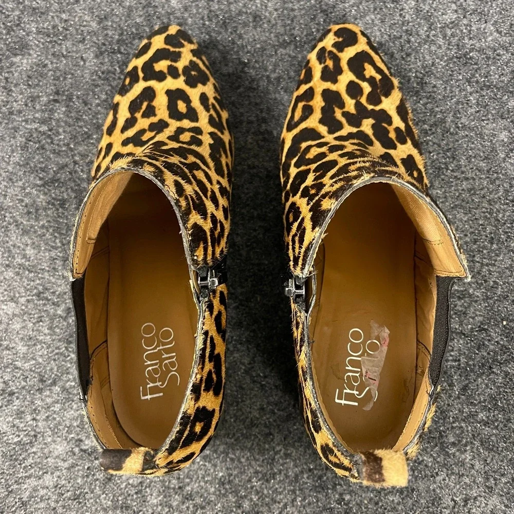 Franco Sarto Leopard Booties Womens Size 8 Calf Hair Ankle Zip Heel Pointed
